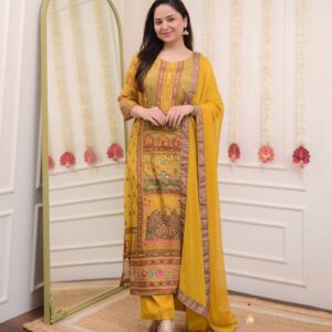 Gilis Yellow Satin Silk Digital Print Salwar Suit Set (Illusion Stonework, 3-Piece)