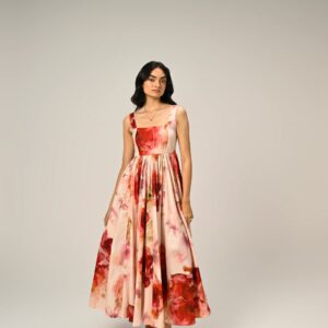 Gilis Organza Floral Print Sleeveless Dress with Crepe Lining (Pink–Red–Maroon)